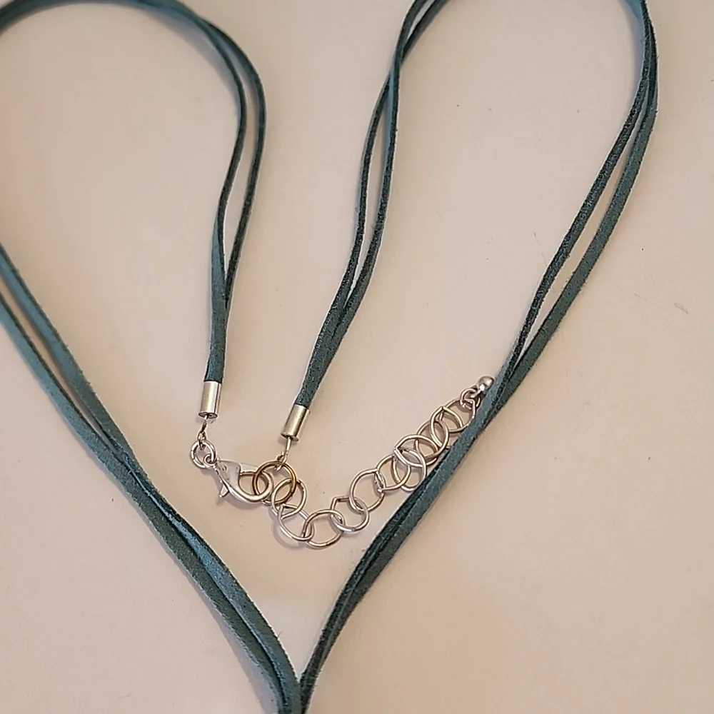 Teal Leather Cord Necklace Silver & Copper Colored Leaf Pendants Lobster Clasp